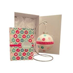 Mary Kay 2017 Glass Ornament Polka Dots Pink Teal Green Silver Ball with Stand